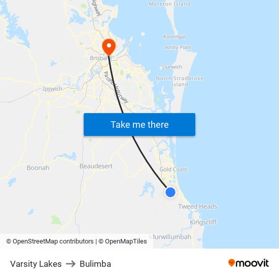 Varsity Lakes to Bulimba map