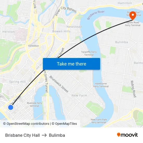 Brisbane City Hall to Bulimba map