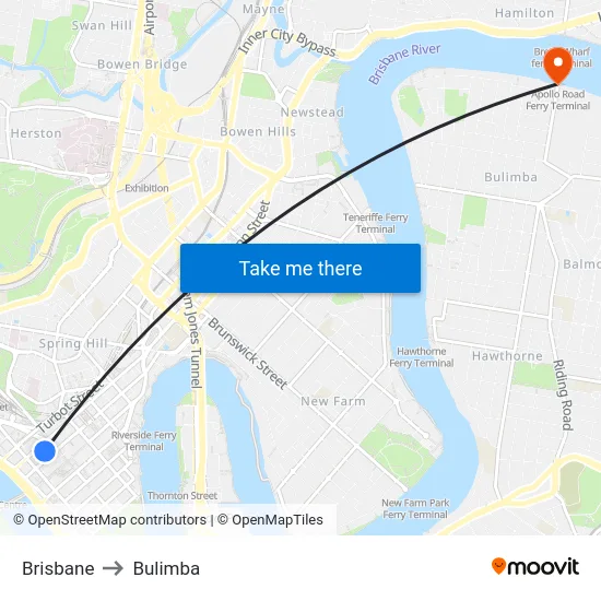 Brisbane to Bulimba map