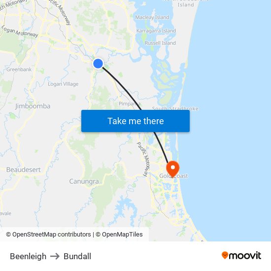 Beenleigh to Bundall map