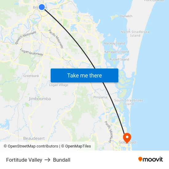 Fortitude Valley to Bundall map