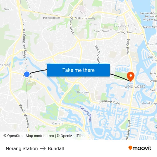 Nerang Station to Bundall map