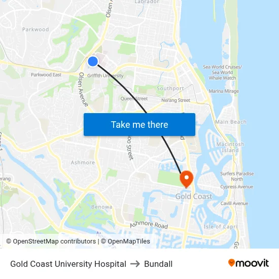 Gold Coast University Hospital to Bundall map
