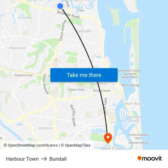 Harbour Town to Bundall map
