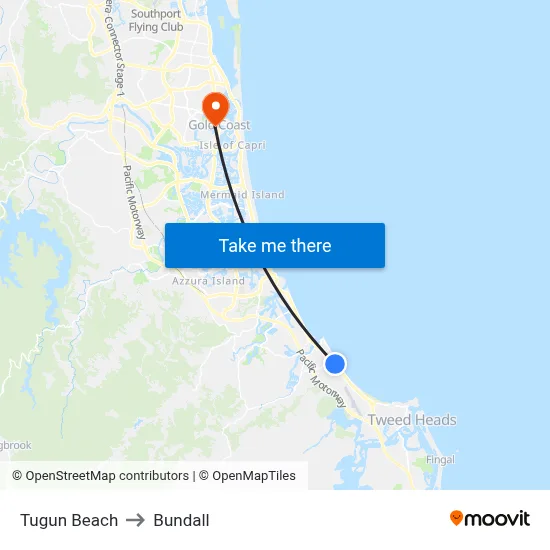 Tugun Beach to Bundall map
