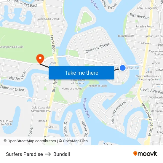 Surfers Paradise to Bundall map