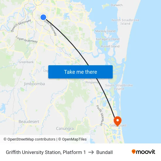 Griffith University Station, Platform 1 to Bundall map
