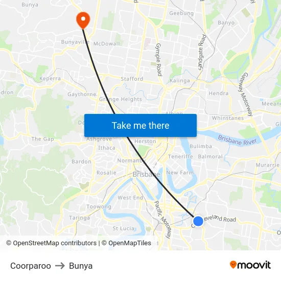 Coorparoo to Bunya map