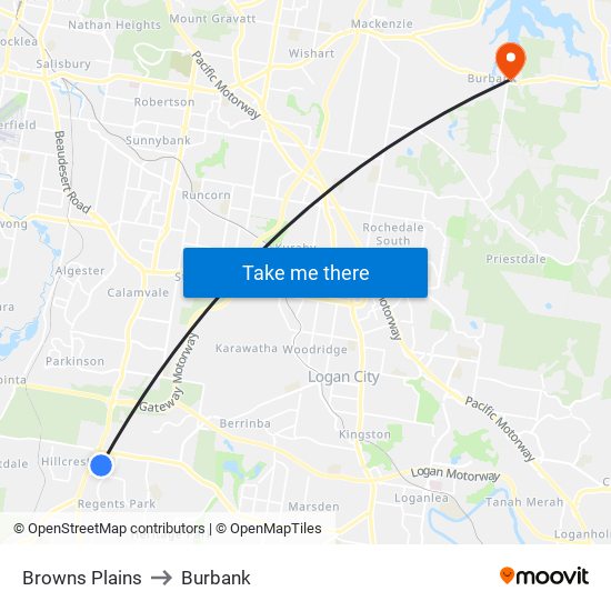 Browns Plains to Burbank map