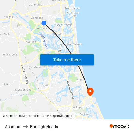 Ashmore to Burleigh Heads map