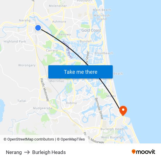 Nerang to Burleigh Heads map