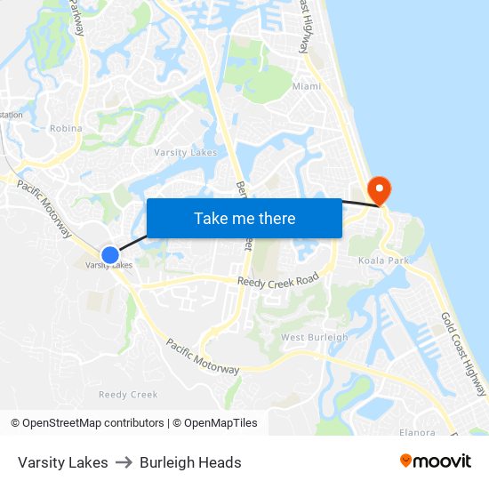 Varsity Lakes to Burleigh Heads map