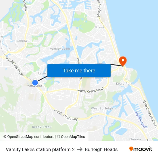 Varsity Lakes station platform 2 to Burleigh Heads map