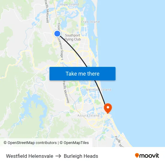 Westfield Helensvale to Burleigh Heads map