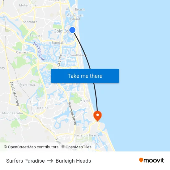 Surfers Paradise to Burleigh Heads map
