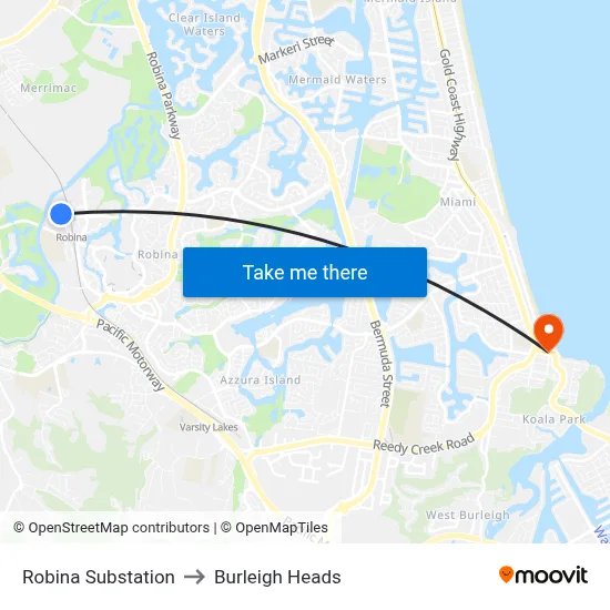 Robina Substation to Burleigh Heads map