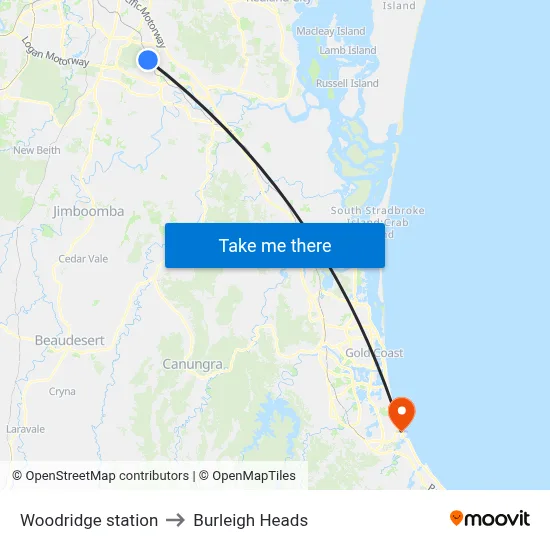 Woodridge station to Burleigh Heads map