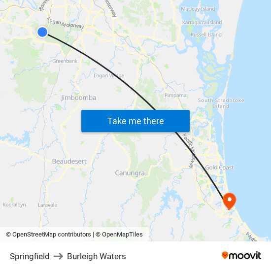 Springfield to Burleigh Waters map