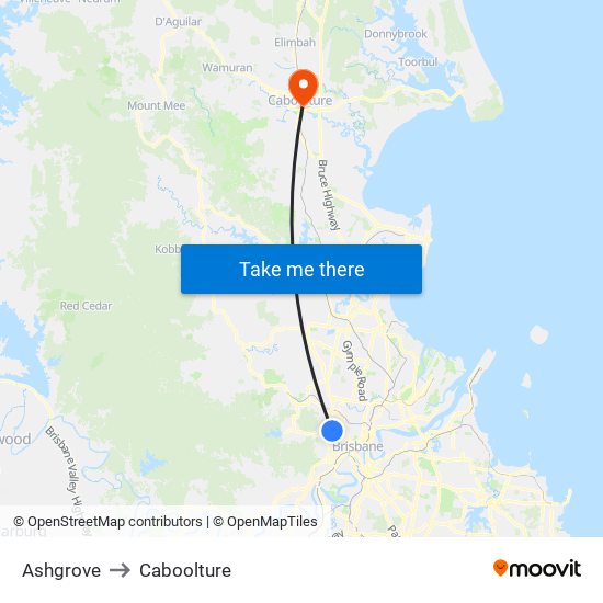 Ashgrove to Caboolture map