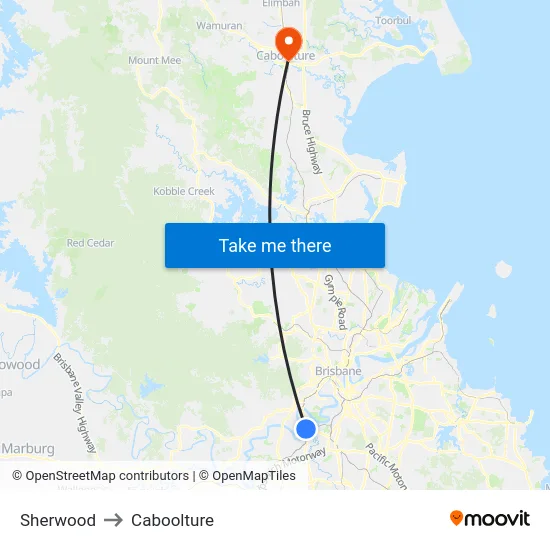 Sherwood to Caboolture map