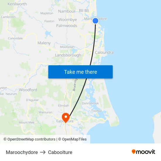 Maroochydore to Caboolture map