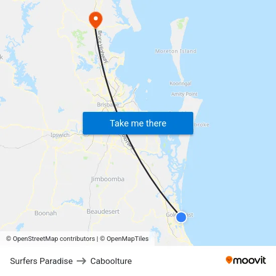 Surfers Paradise to Caboolture map