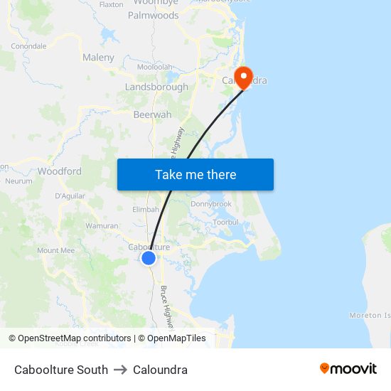 Caboolture South to Caloundra map