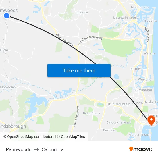Palmwoods to Caloundra map