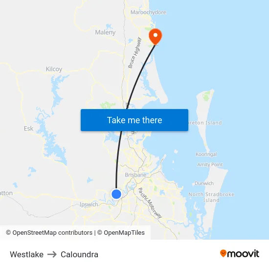 Westlake to Caloundra map