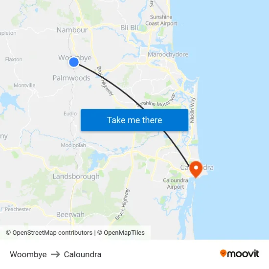 Woombye to Caloundra map