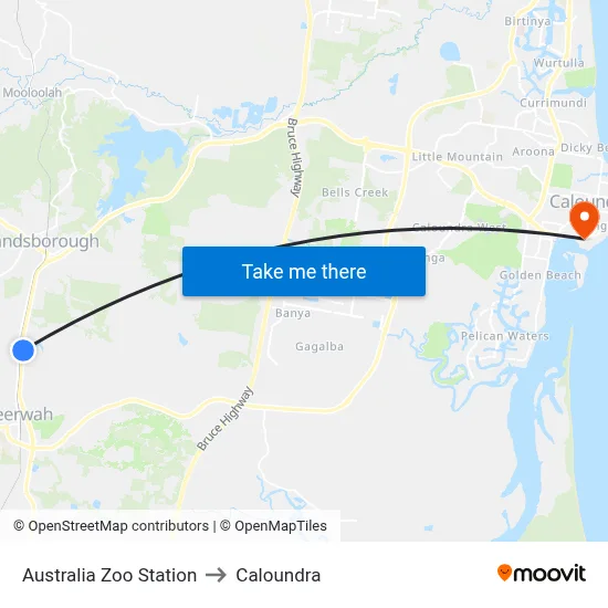 Australia Zoo Station to Caloundra map