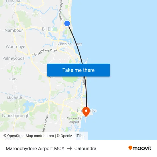Maroochydore Airport MCY to Caloundra map
