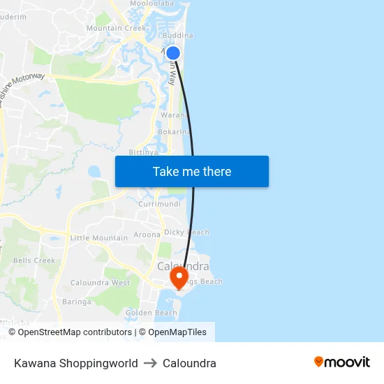 Kawana Shoppingworld to Caloundra map