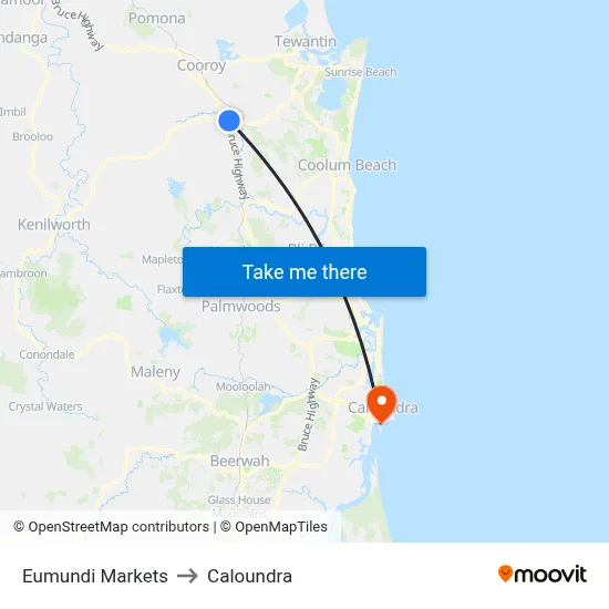 Eumundi Markets to Caloundra map