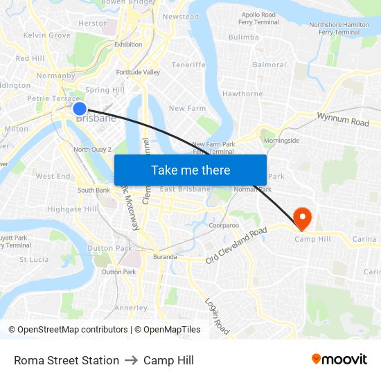 Roma Street Station to Camp Hill map