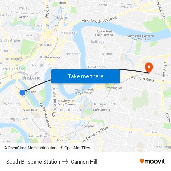 South Brisbane Station to Cannon Hill map