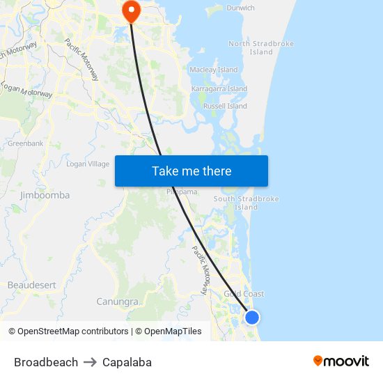 Broadbeach to Capalaba map