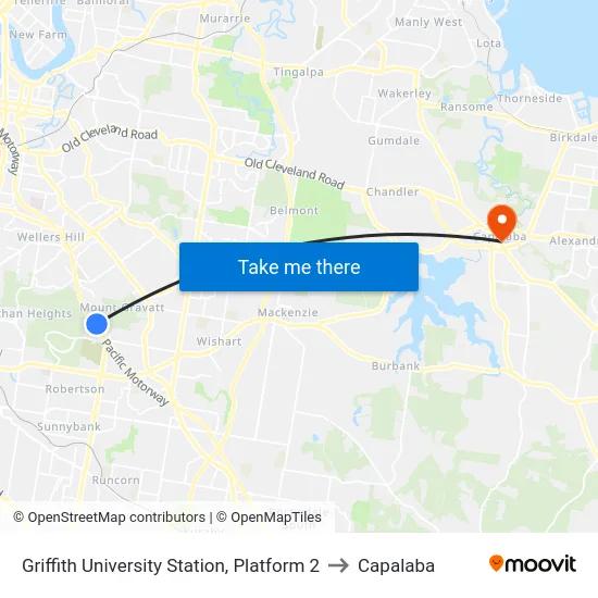 Griffith University Station, Platform 2 to Capalaba map