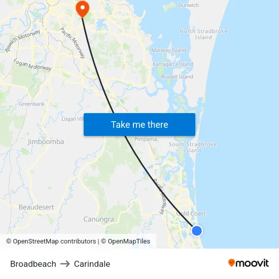 Broadbeach to Carindale map