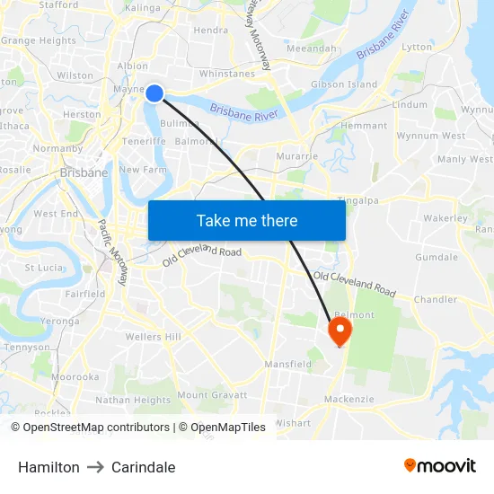 Hamilton to Carindale map