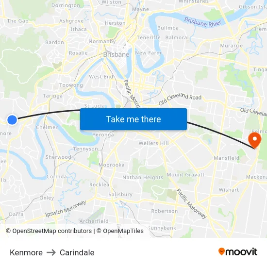 Kenmore to Carindale map