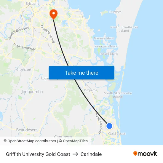 Griffith University Gold Coast to Carindale map