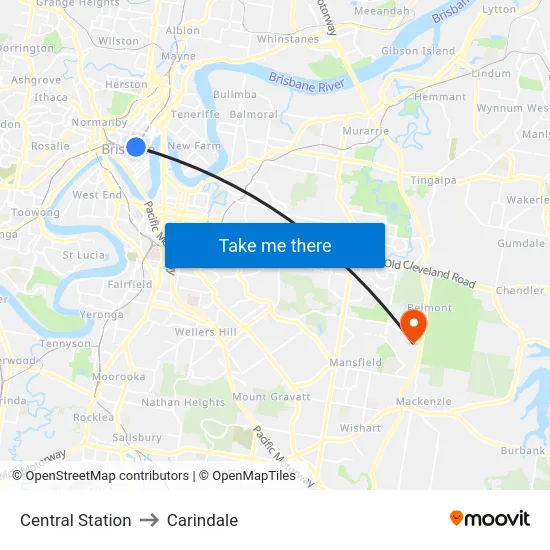 Central Station to Carindale map