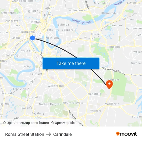 Roma Street Station to Carindale map