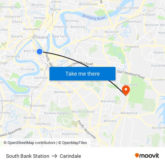 South Bank Station to Carindale map