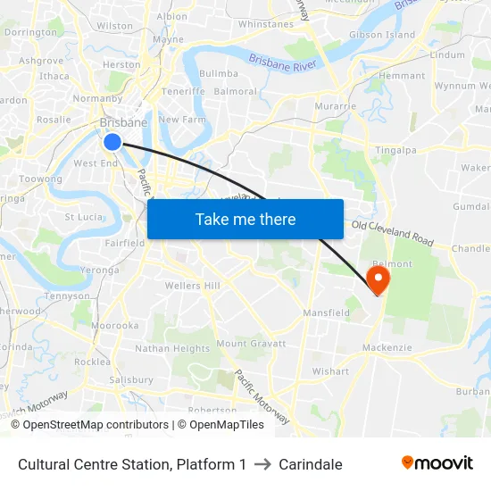 Cultural Centre Station, Platform 1 to Carindale map