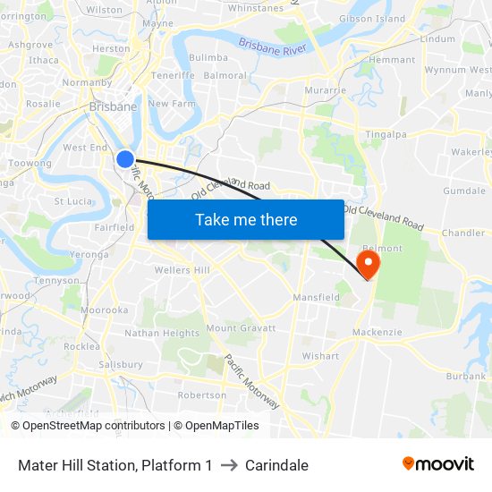 Mater Hill Station, Platform 1 to Carindale map