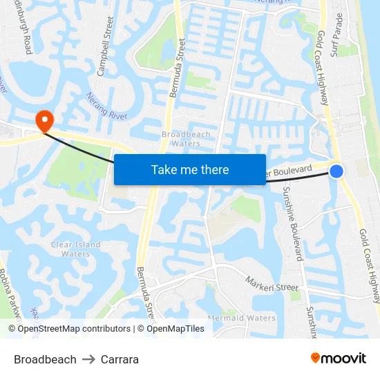 Broadbeach to Carrara map