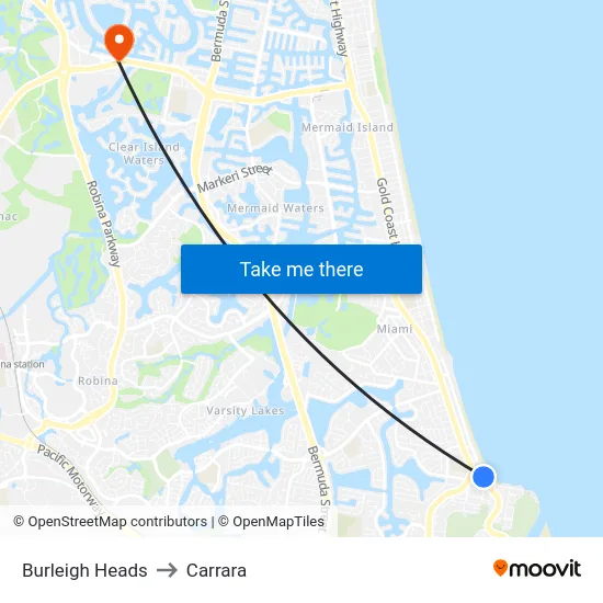 Burleigh Heads to Carrara map