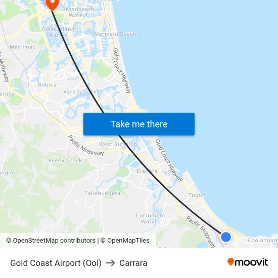 Gold Coast Airport (Ool) to Carrara map